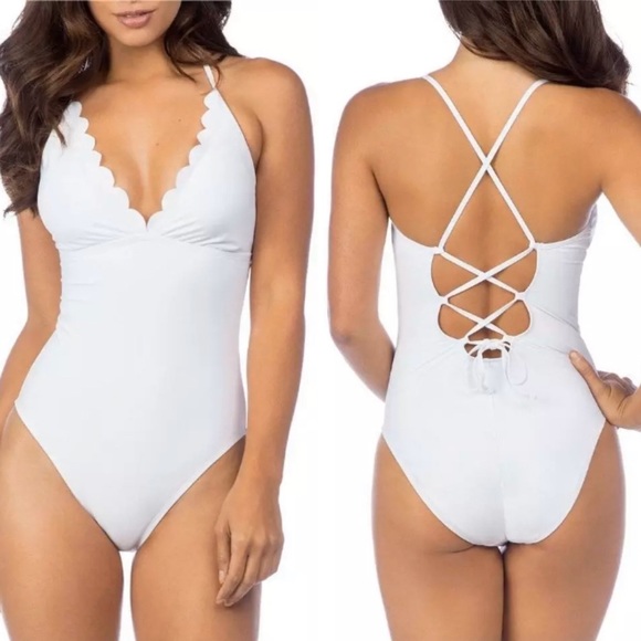 white scalloped one piece swimsuit